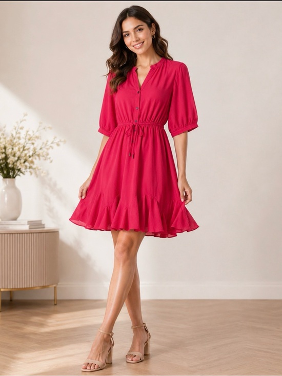 She + Sky Dresses & Skirts - She + Sky Red Puff-Sleeve Dress with Drawstring Waist